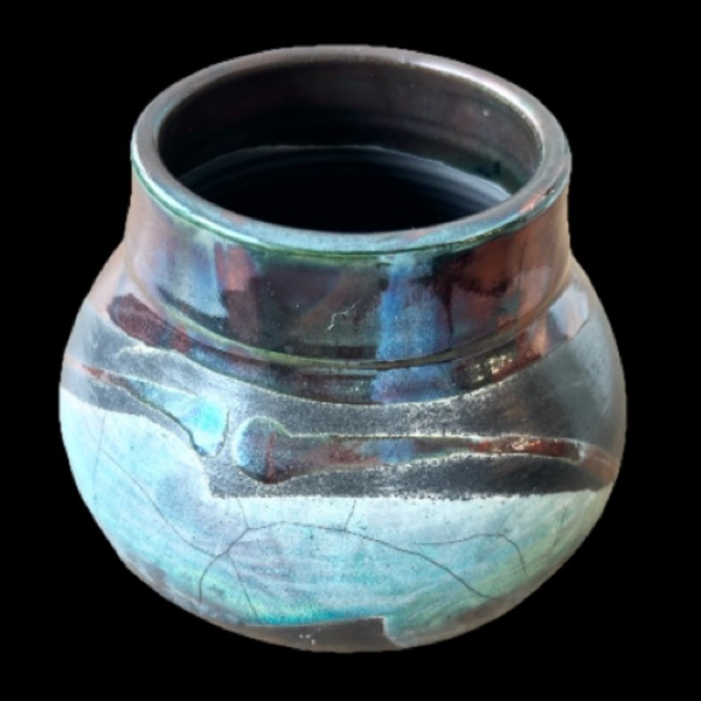 BLUE SPRUCE POTTERY RAKU VESSEL HANDMADE BEAUTIFUL RUSTIC ELEGANCE HOME DECOR